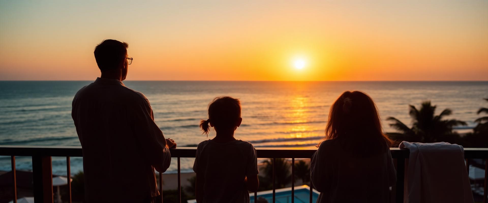 Familia contemplando el atardecer sobre el mar